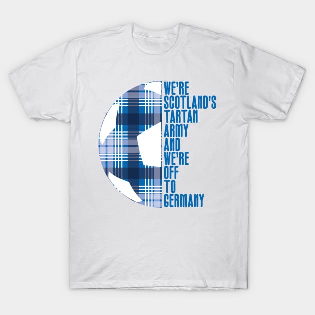 Scotland's Tartan Army, Blue and White Tartan Ball and Text Design T-Shirt by MacPean